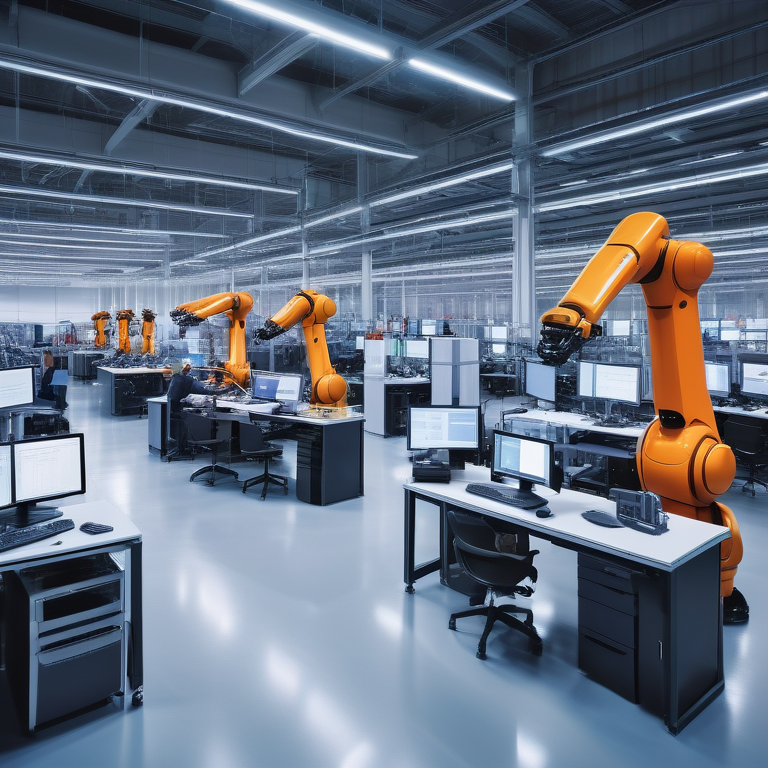 Supervisor overlooking a high-tech manufacturing floor with workers and robots operating under a holographic BI analytics display.