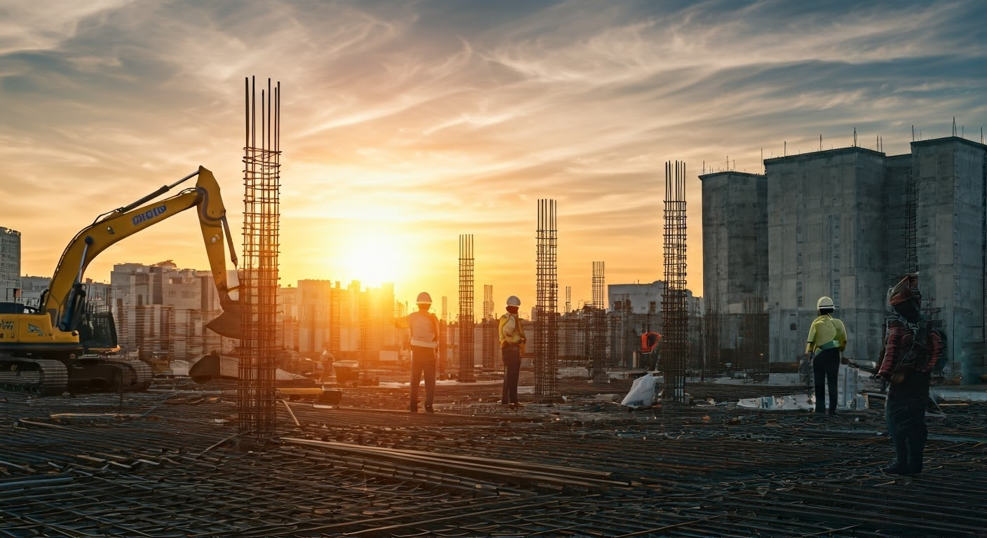 Workers analyzing data on a construction site using Business Intelligence