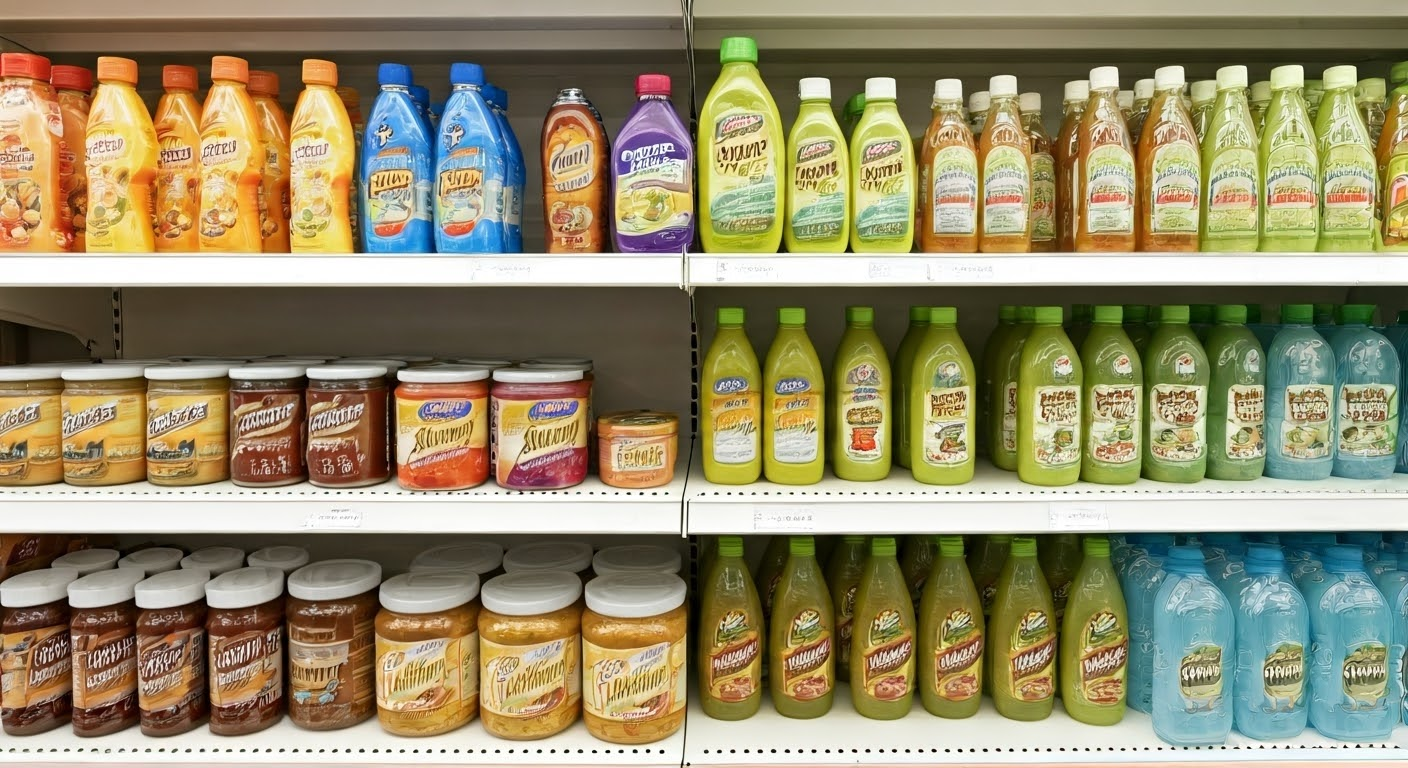 Colorful FMCG products on shelf